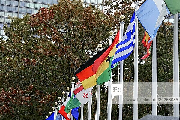 UN-Hauptquartier  East River  Manhattan  Farbenprächtige Flaggen verschiedener Länder wehen vor einem Gebäude  New York City  New York  USA  Nordamerika