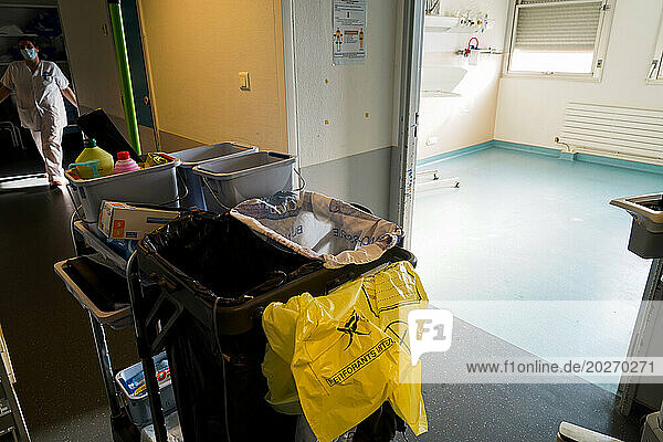 Cleaning trolley in the emergency department of a university hospital.