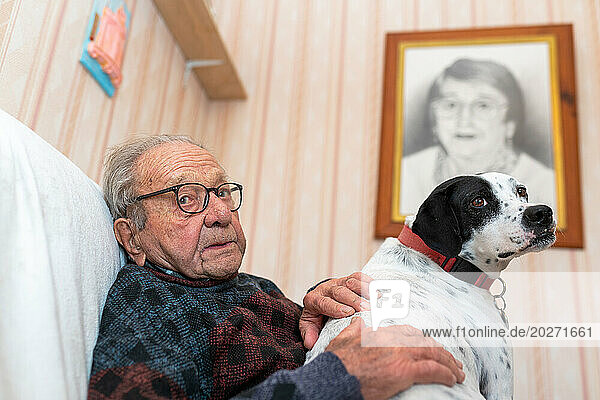 Loneliness of a 90-year-old senior with his dog and the photo of his deceased wife hanging on the wall reviving his memory.
