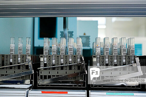 Technical platform of the Inovie 34 laboratory . Preanalytical tubes in racks on the Cobas P 612 sorter.