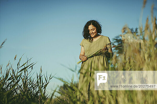 Smiling woman standing in field on sunny day