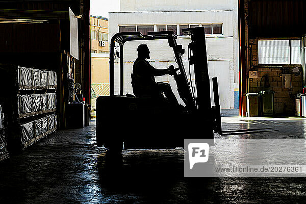 Mature worker driving forklift at factory