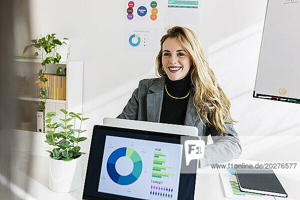 Smiling businesswoman sitting with laptops at desk