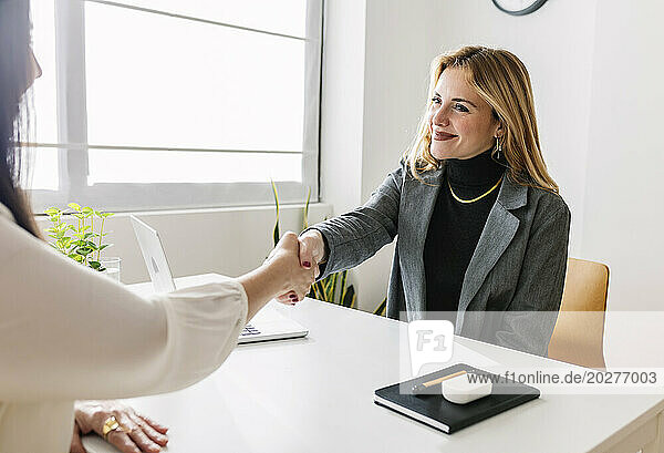 Smiling HR manager shaking hands with candidate at desk