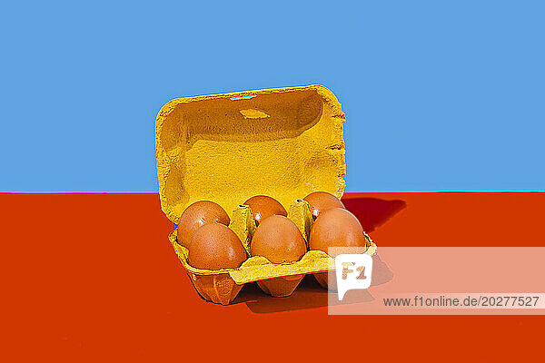 Egg carton against red and blue background