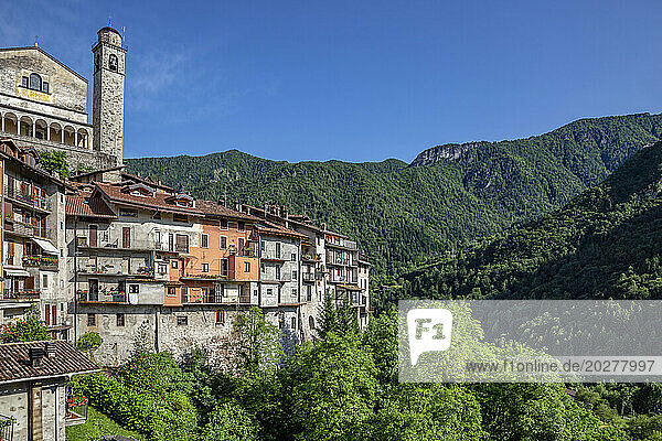 Bell tower at San Giorgio Church near valley in Bagolino  Province of Brescia  Lombardy  Italy