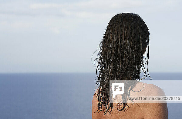 Woman enjoying view of Caribbean Sea  US Virgin Islands  USA