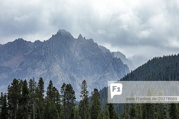 USA  Idaho  Stanley  Clouds over jagged peaks of Sawtooth Mountains
