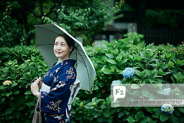 A woman in a kimono holding an umbrella