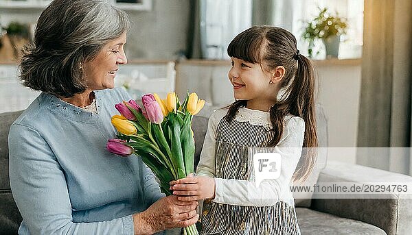 Eine Großmutter bekommt von ihrer Enkelin einen bunten Tulpenstrauß geschenkt  KI generiert  AI generated