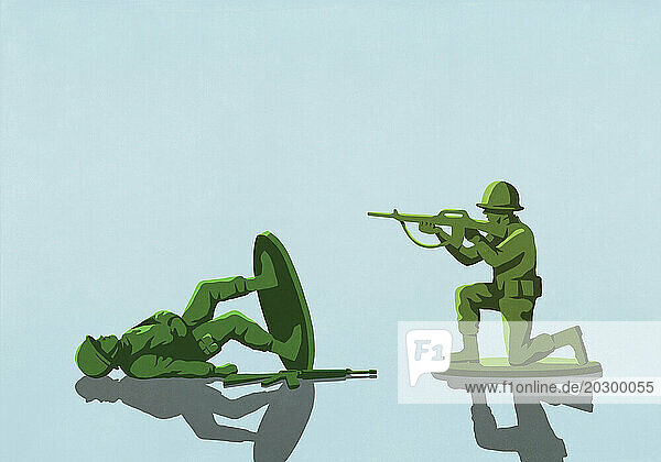 Toy soldier shooting toppled opponent on blue background