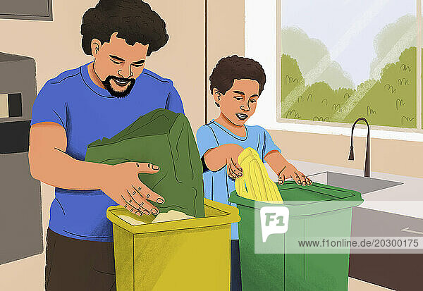 Eco-friendly father and son composting in bins in kitchen at home