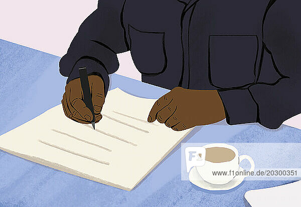 Close up man with coffee filling out paperwork