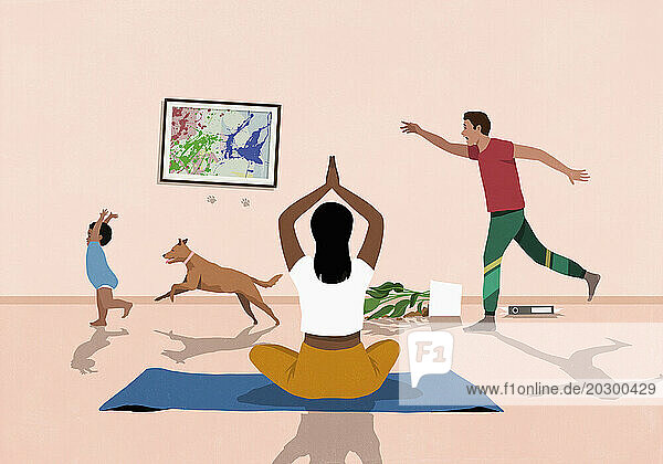 Woman meditating on yoga mat in living room while husband chases baby and dog