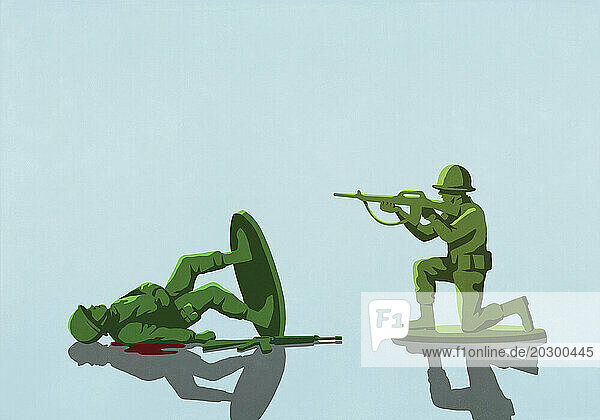 Toy soldier shooting and killing toppled opponent