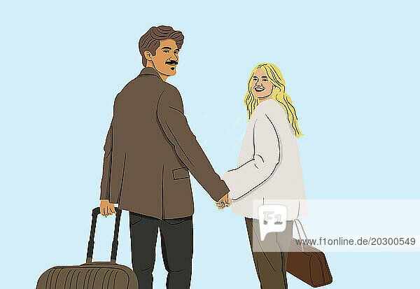 Portrait happy couple with suitcase holding hands  traveling together