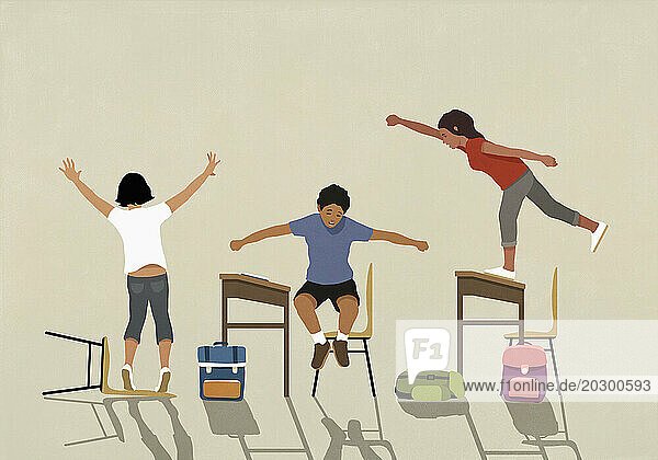 Hyper schoolchildren playing  jumping on desks in classroom