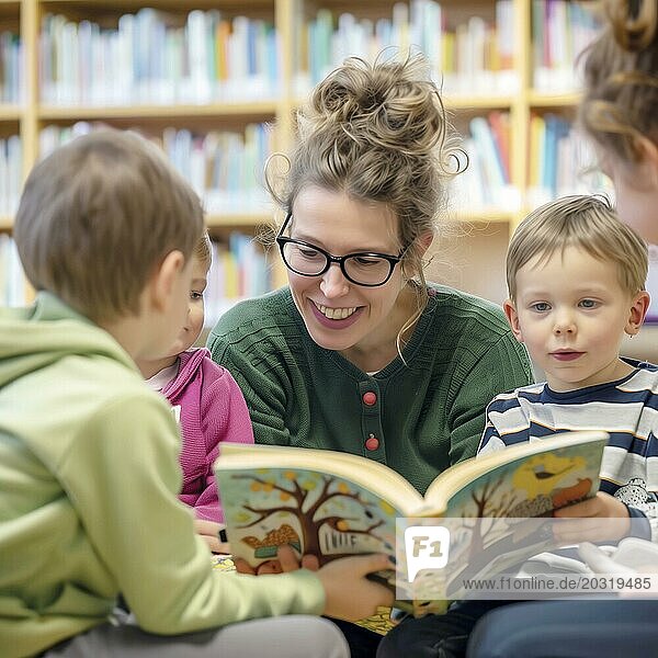 Frau liest Kindern interaktiv in einer Bücherei vor und alle haben Spaß  KI generiert