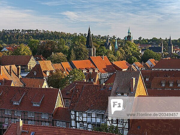 View from the Schlossberg of the roofs of the half-timbered houses and the towers in the historic old town  UNESCO World Heritage Site  Quedlinburg  Saxony-Anhalt  Germany  Europe