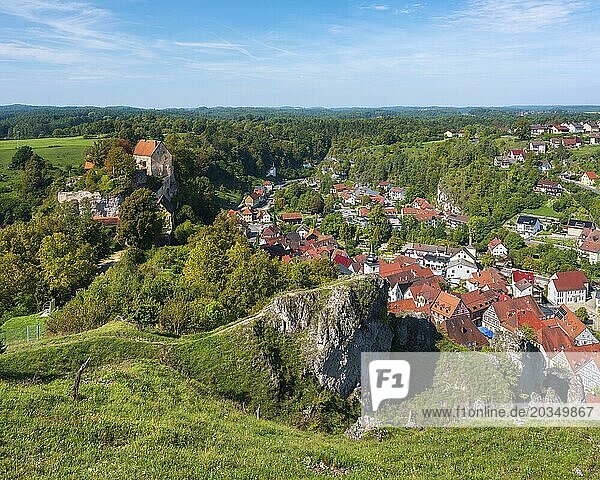 View from the mountain rescue cross to Pottenstein with castle and landscape  Townscape  Franconian Switzerland  Franconian Alb  Upper Franconia  Franconia  Bavaria