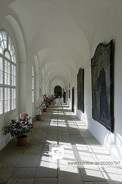 Interior view  cloister  Benedictine monastery Rajhrad  Loucka  Rajhrad  Jihomoravsky kraj  Czech Republic  Europe