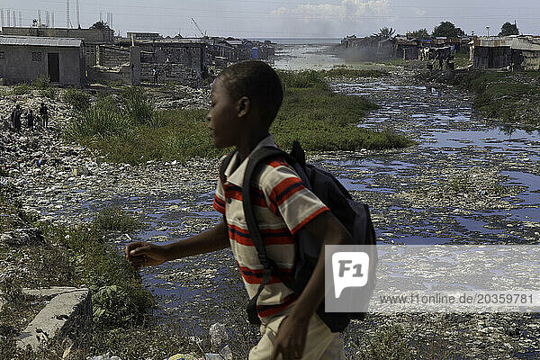 Canal with raw sewage in Port-au-Prince  Haiti