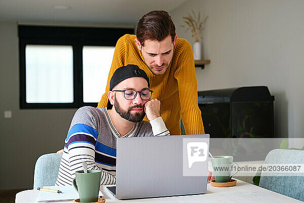 Homosexual couple worried or boring using the laptop at home.