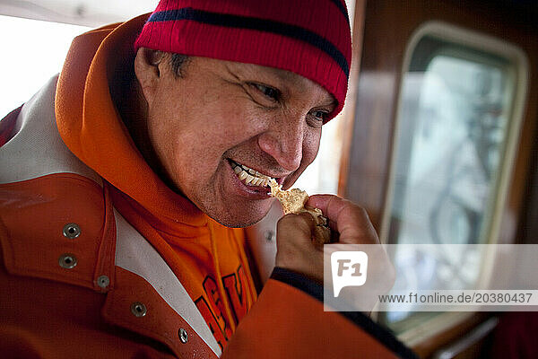 Tribal deckhand bites into the tough meat of a geoduck onboard a vessel in Puget Sound near Suquamish  Washington