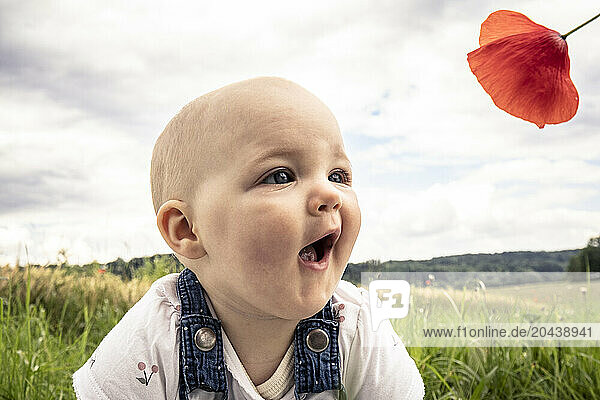 Cute girl with mouth open looking at flower in meadow