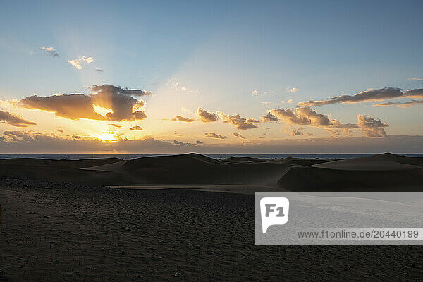 Maspalomas sand dunes at sunrise in Las Palmas de Gran Canaria  Spain