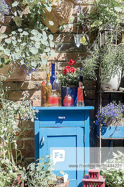 Austria Â SalzburgerÂ Land Â AltenmarktÂ imÂ Pongau Â Potted plants  bottles and blue cabinet by brick wall in summer garden