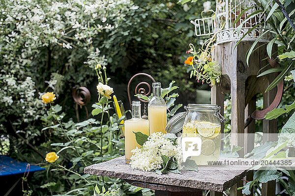 Austria Â SalzburgerÂ Land Â AltenmarktÂ imÂ Pongau Â Homemade drinks on pedestal in summer garden