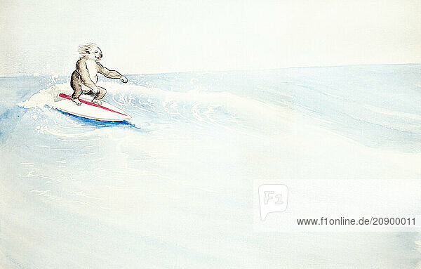 Artwork. Watercolour. Australia. Koala on surf board. By Artist Bob Franks.