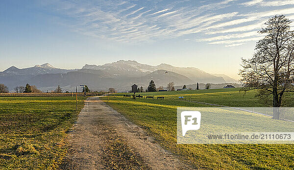 View of dirt road leading to Alps and Kampenwand mountain