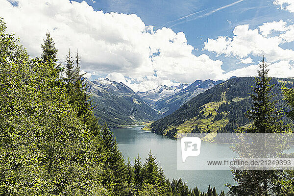 Scenic view of Durlaßboden reservoir and surrounding mountains  Alps  Austria.