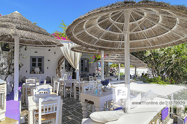 Outdoor seating at a restaurant on Sifnos Island  Greece; Kastro  Sifnos Island  Cyclades Islands  Greece