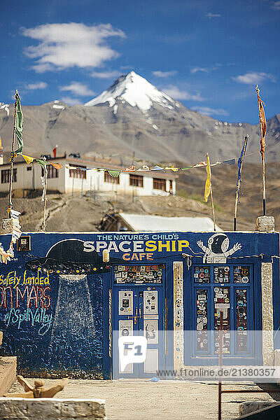 Cafe with Buddhist prayer flags in the Himalayas at Langza  Himachal Pradesh  India; Langza  Himachal Pradesh  India