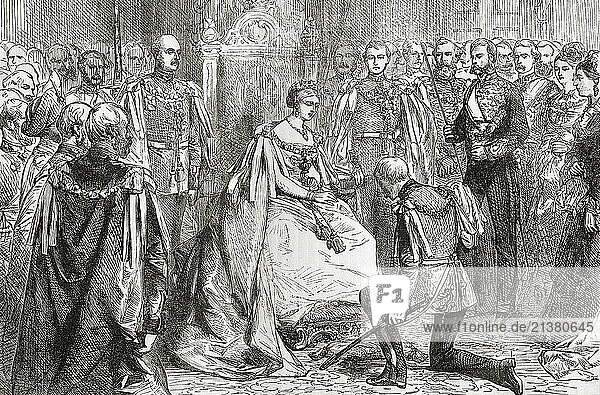 Queen Victoria holding the first investiture of The Order of the Star of India  1861. Victoria  1819 – 1901. Queen of the United Kingdom of Great Britain and Ireland  1837 - 1901. From Cassell s Illustrated History of England  published c. 1880.