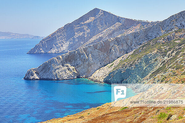 View of Folegandros Island multicolored rocks coastline  Chora  Folegandros Island  Cyclades Islands  Greek Islands  Greece  Europe