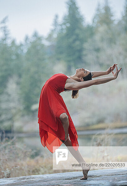Woman in a red dress dancing gracefully outdoors with a forest background. USA