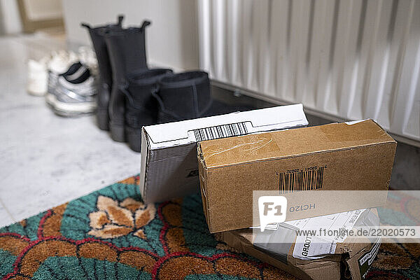 Two cardboard delivery boxes rest beside a radiator on a colorful floral doormat  next to shoes  Netherlands