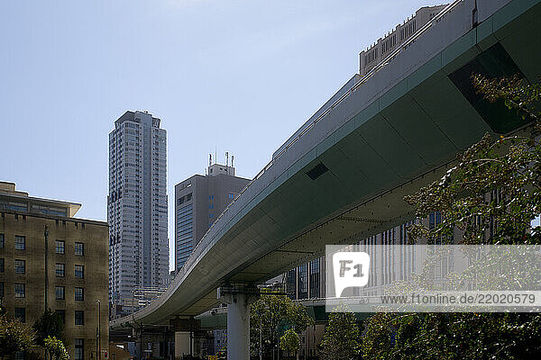 Elevated highway curving through a cityscape with skyscrapers and greenery under a clear sky. Osaka  Japan