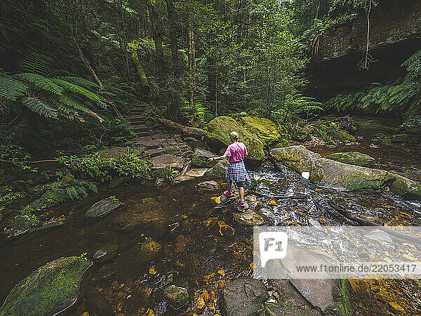 Rear view of woman crossing shallow stream in forest