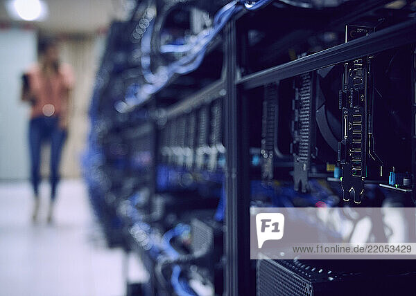 Close-up of equipment in server room