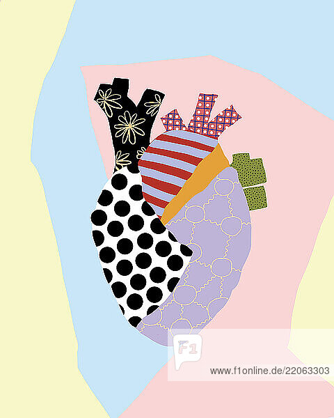 Abstract heart made of different colorful textures in cartoon style