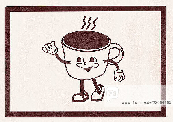 Vintage groovy style illustration of a cheerful coffee cup character