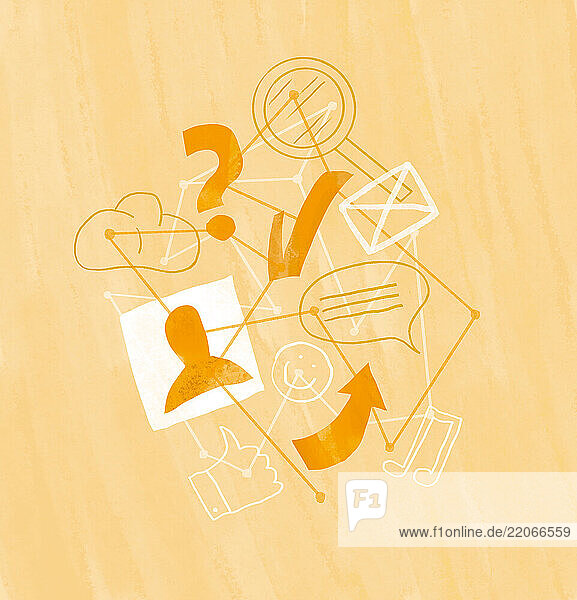 Illustration of communication and social media icons on a yellow background