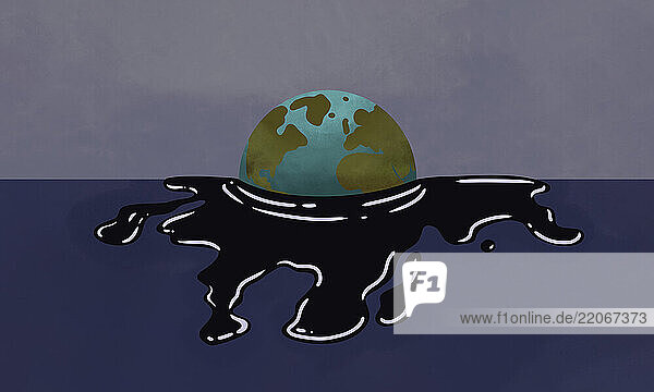 Planet earth half-submerged in a sea of oil.