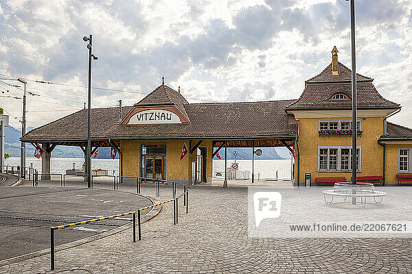 Vitznau boat station at Lake Lucerne in Switzerland on a cloudy day