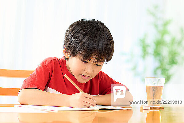 A Young Boy Writing In A Book With A Pencil